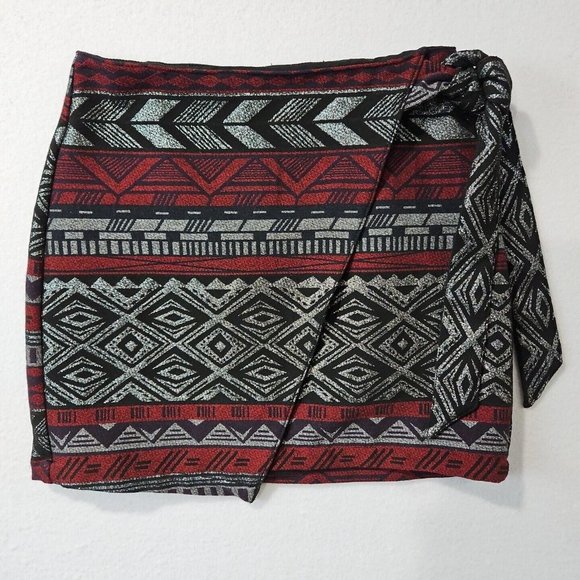 Express Womens 00 Silver Red Aztec Southwest Wrap Front Tweed Mini Skirt Stretch - Picture 1 of 8